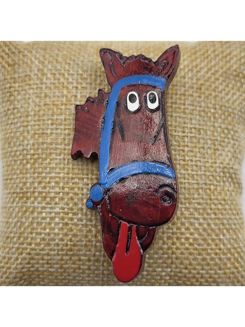 Vintage Carved wood horse brooch pin Cartoon dry desert thirsty folk art Western